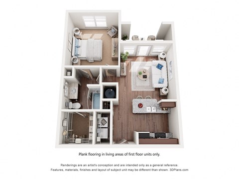 A 3D floor plan of a one-bedroom apartment with a kitchen, living room, and bathroom.